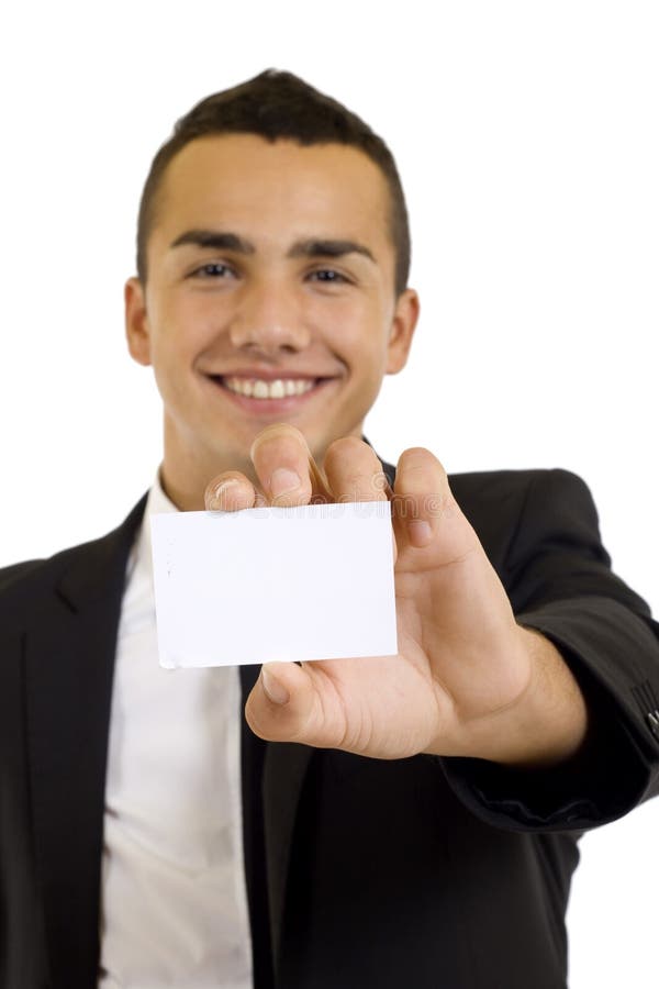 Man holding out a blank card