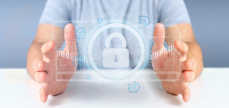 Man holding a padlock web security concept 3d rendering royalty free illustration