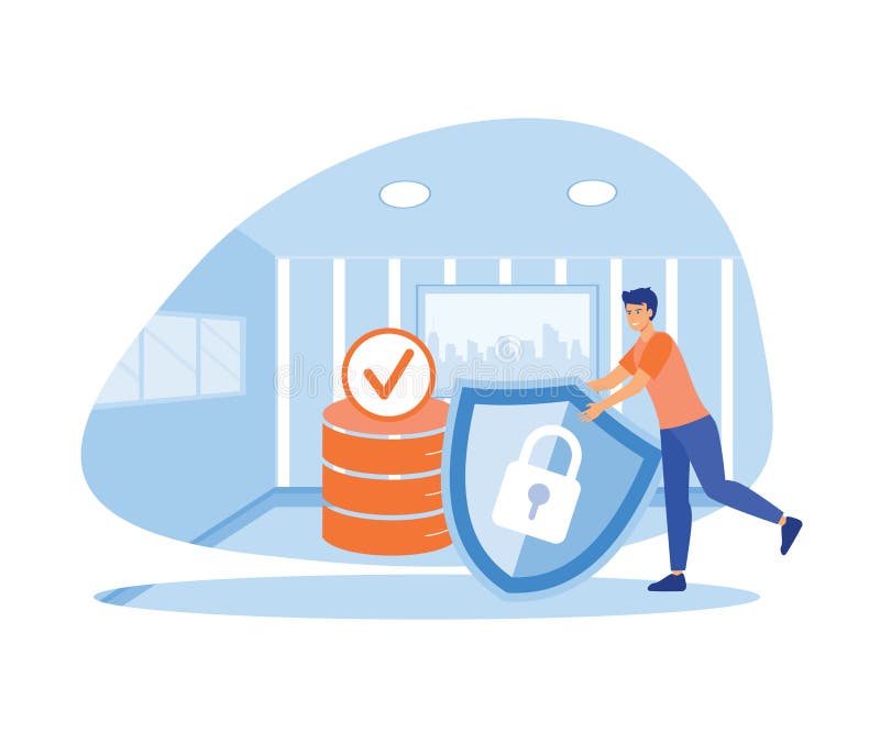 Man holding shield and server or hard disks. Concept of secured database. stock illustration