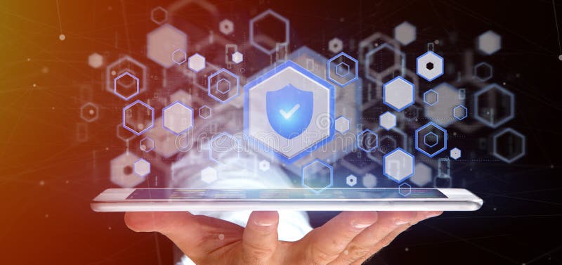 Man holding a Shield web security concept 3d rendering stock illustration