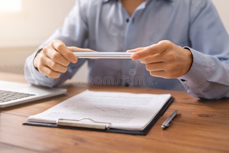Man Scanning Documents in Office Using Scanner App on Smartphone Stock Photo Image of