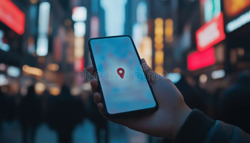 Man Holding Smartphone With Location Pin In Blurry City Background stock photos
