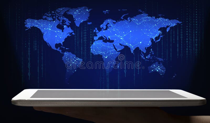Technologies for global networking. Man holding tablet with world map, computer code and web connection mesh appearing from screen, collage. Panorama. Global network connection map stock images, royalty-free photos and pictures