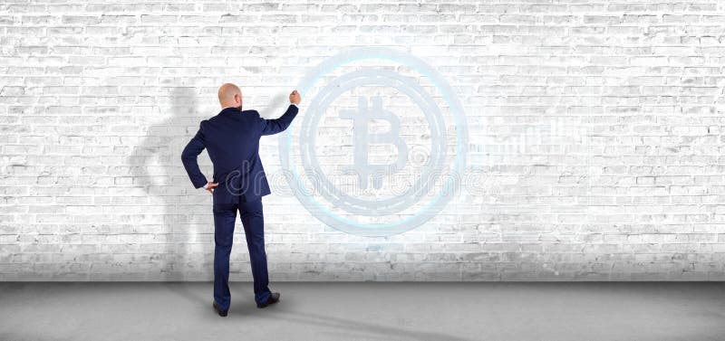 Man holding a technology Bitcoin icon on a circle 3d rendering vector illustration