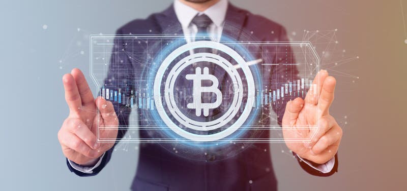 Man holding a technology Bitcoin icon on a circle 3d rendering royalty free illustration