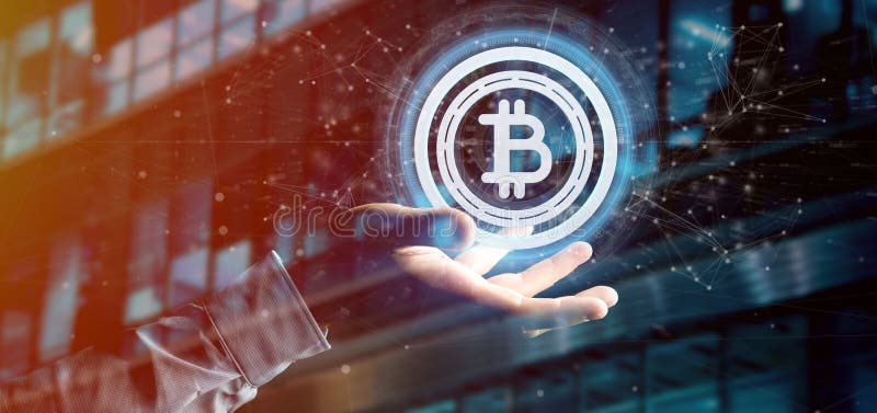 Man holding a technology Bitcoin icon on a circle 3d rendering royalty free illustration