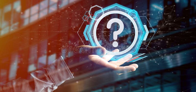 Man holding a Technology question mark icon on a circle 3d rendering stock illustration