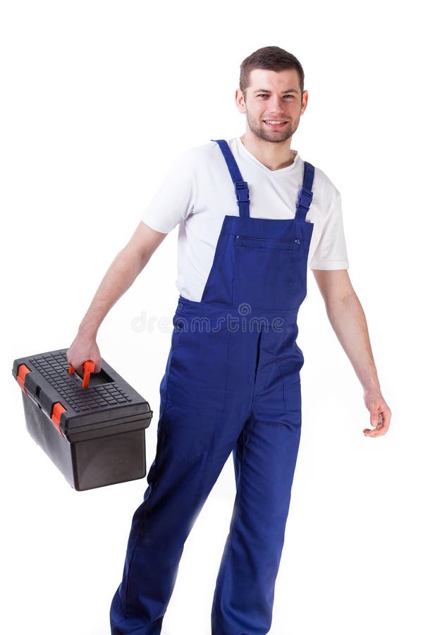 Male Manual Worker Holding a Wrench and Tool Box Stock Photo - Image of ...