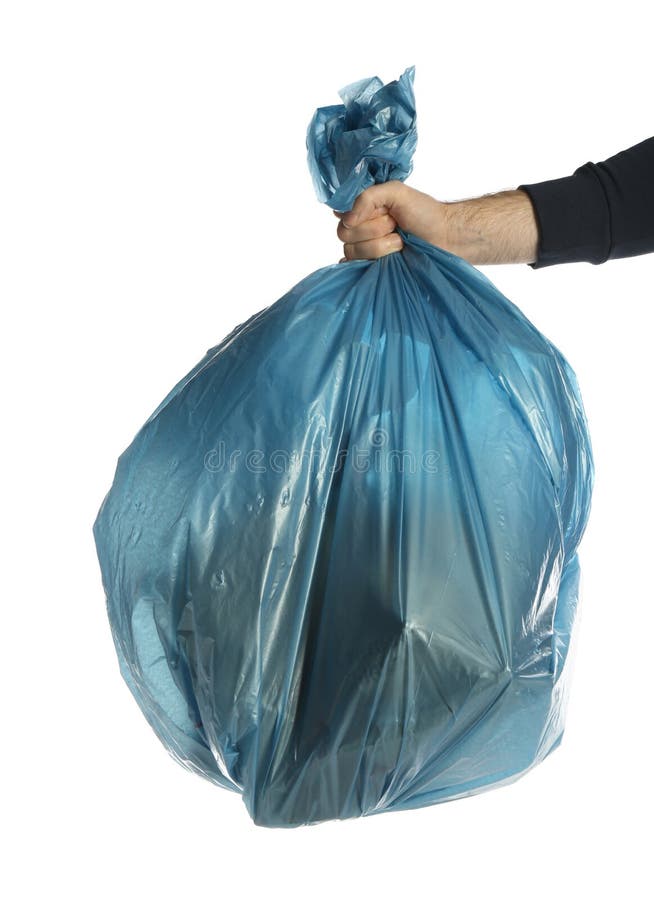 Man Holding Trash Bag Filled with Garbage on White Background, Closeup ...