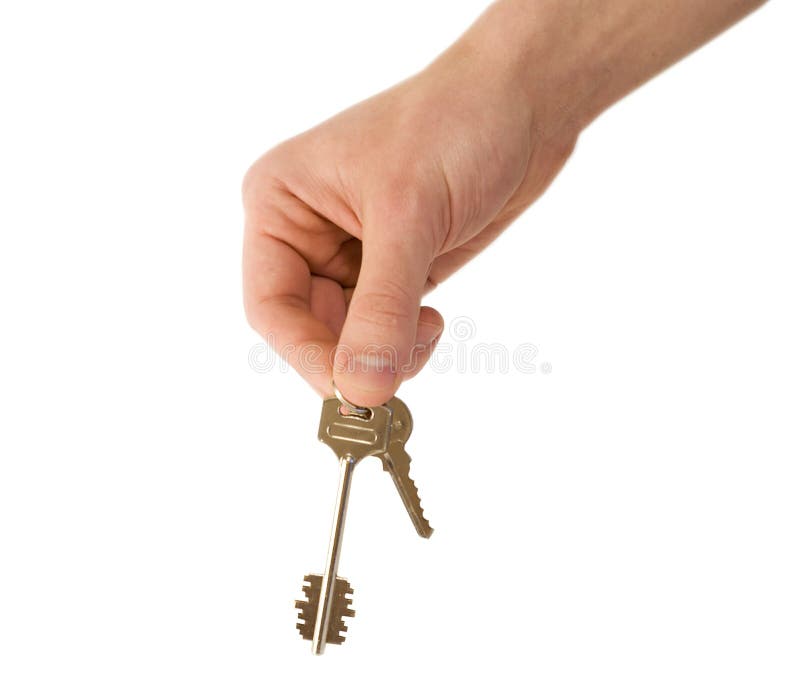 Man holding two keys in his hand on white