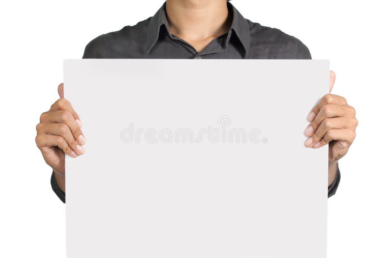 Man holding a blank white board in front of his chest. Male hand holding businessman stock images, royalty-free photos and pictures
