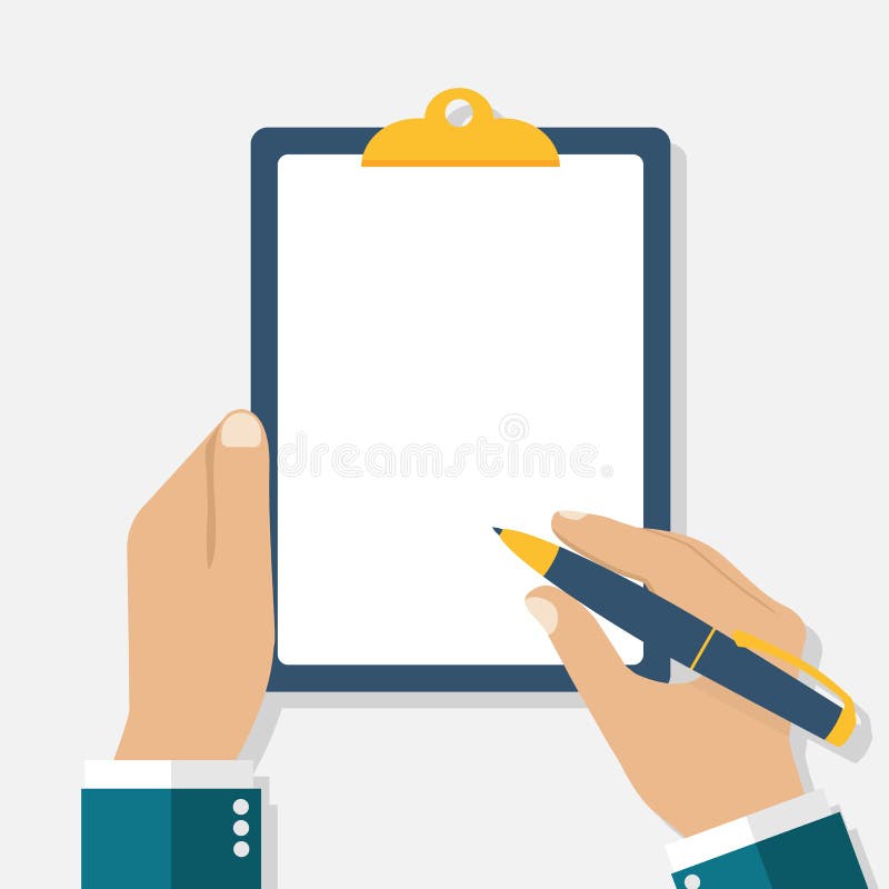 Man Holds a Clipboard and Writes. Empty Blank. Pen in Hand Stock Vector ...