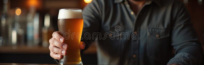 Man holds glass cold beer at pub. Male hand with lager, foam, bubbles. Enjoyment, relaxation, celebration. Bar, pub interior royalty free stock images