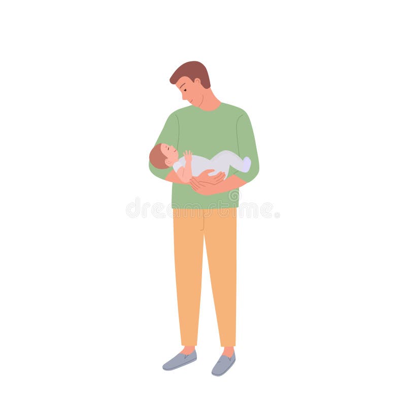 A man holds his baby in his arms. A small child looks at his father and smiles. Illustration of happy Father&#x27;s Day.