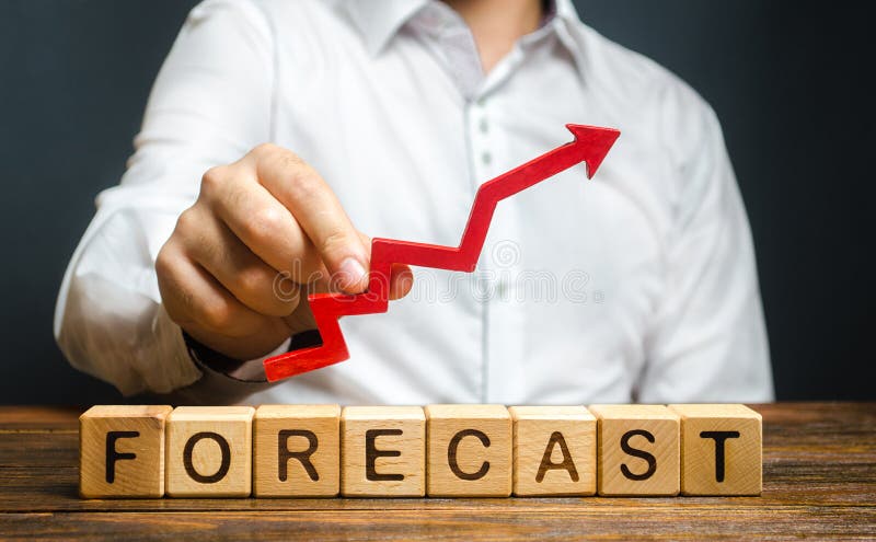 Man holds red arrow up over word Forecast. A budget surplus, prosperous economy or company. Prediction of profit growth, value