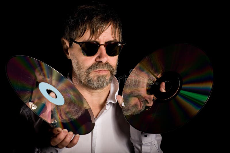 Man with the Retro Laser Disc Stock Photo Image of reflection, people