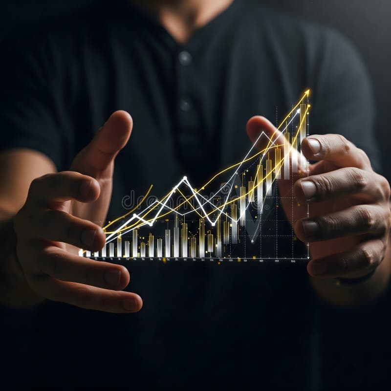 A man holds a transparent chart showing an upward trend, representing innovative technology and business growth. Generative AI royalty free illustration