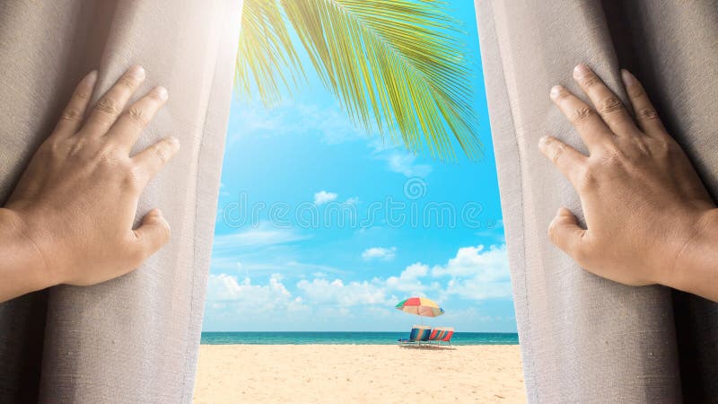 Man and hope concept . man opening window curtains and seeing beach under the blue sky.