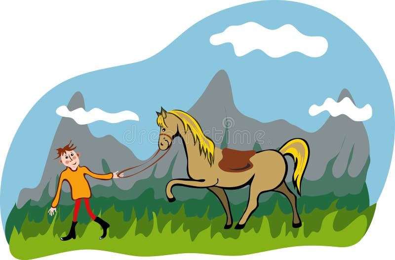 Man and horse walking in the mountain