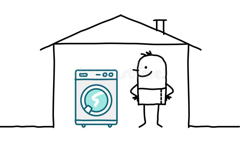 Man in house & washing machine vector illustration
