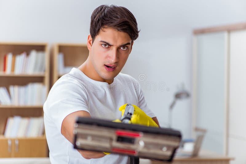 The Man Husband Cleaning The House Helping Wife Stock Image Image Of