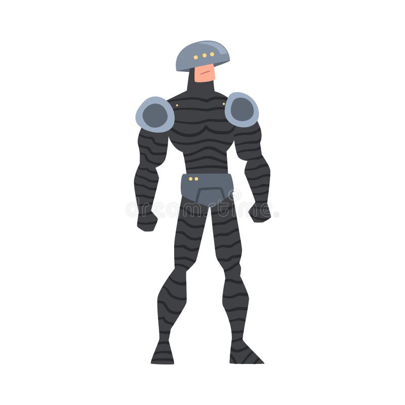 Man i Black Robot Costume och Helmet, Cyborg eller Superhjälte Character, Carnival Party eller Masqueraécept Cartoon Style stock illustrationer
