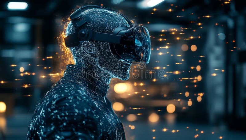 Man Immersed in VR Experience, Dynamic Lighting of Metaverse, Visualization of a Streaming Future royalty free illustration