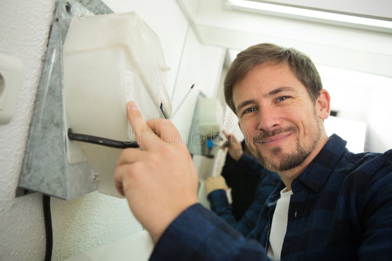Installation Handdryer in Office Stock Image Image of device, happy