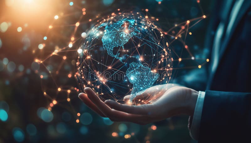 Man Interacting With Wireless Communication Network On Abstract Global Space stock image