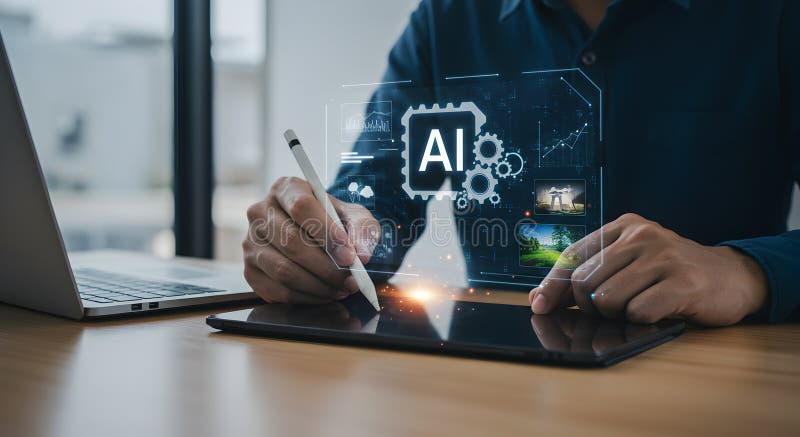 Ai technology concept man using tablet with artificial intelligence interface for business 100 stock photography.
