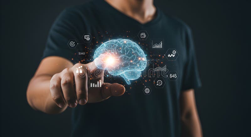 Man touching digital brain ai artificial intelligence technology and data analysis concept stock illustration