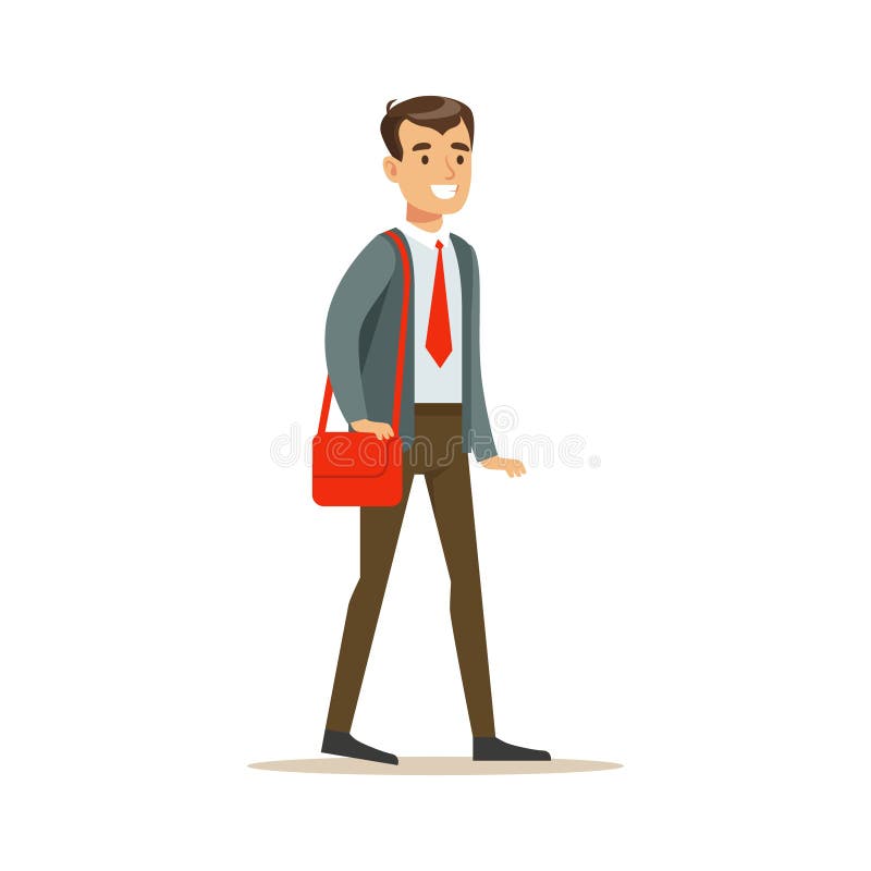 Man In Jacket And Tie Going To Work With Handbag, Part Of Office Workers Series Of Cartoon Characters In Official