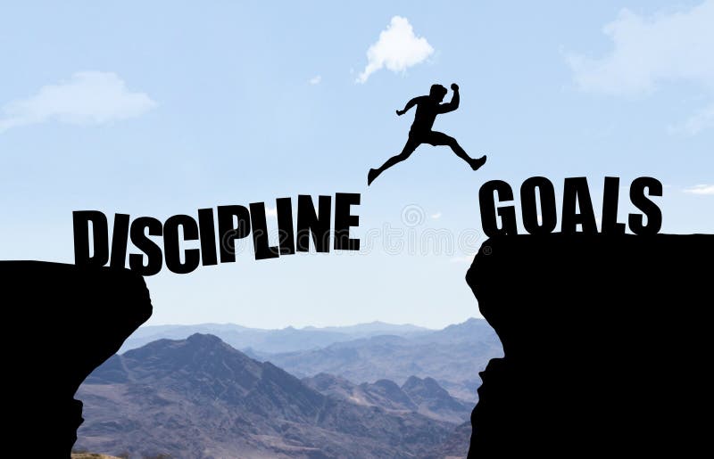 Man jumping over abyss with text DISCIPLINE/GOALS
