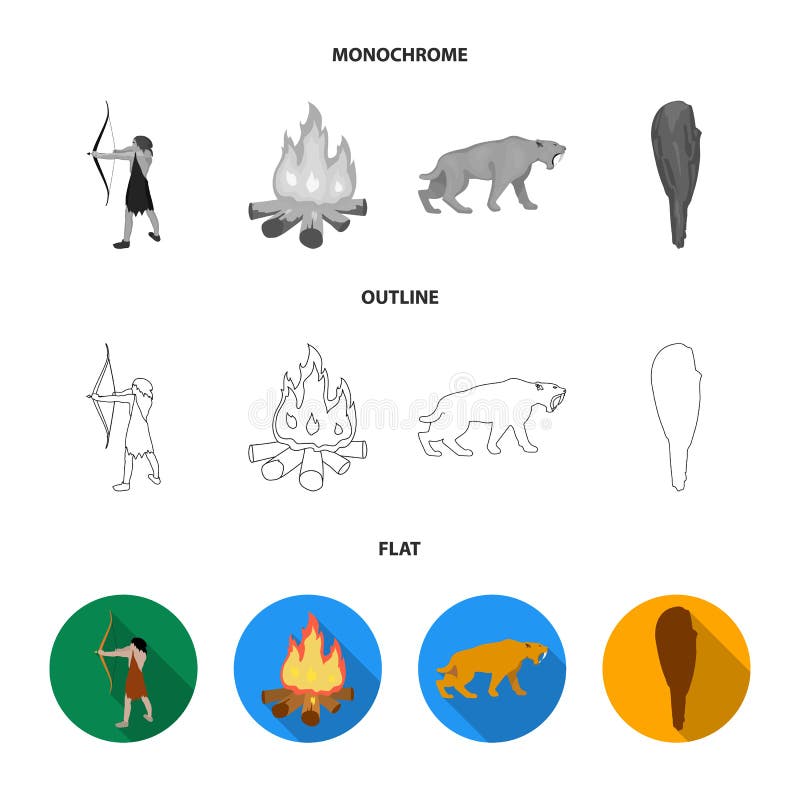 Man jägare, lök, brasa Symboler för samling för uppsättning för stenålder i lägenheten, översikt, monokromt materiel för stilvekt stock illustrationer