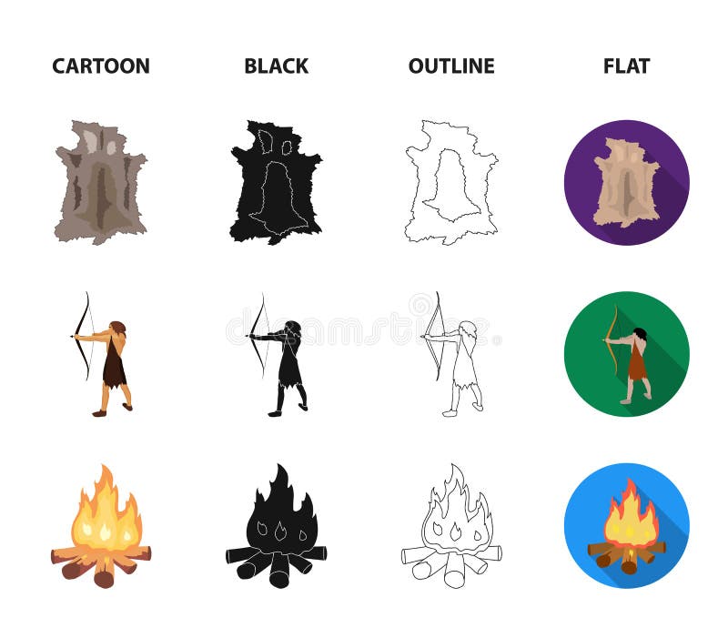 Man jägare, lök, brasa Symboler för samling för uppsättning för stenålder i tecknade filmen, svart, översikt, materiel för symbol royaltyfri illustrationer