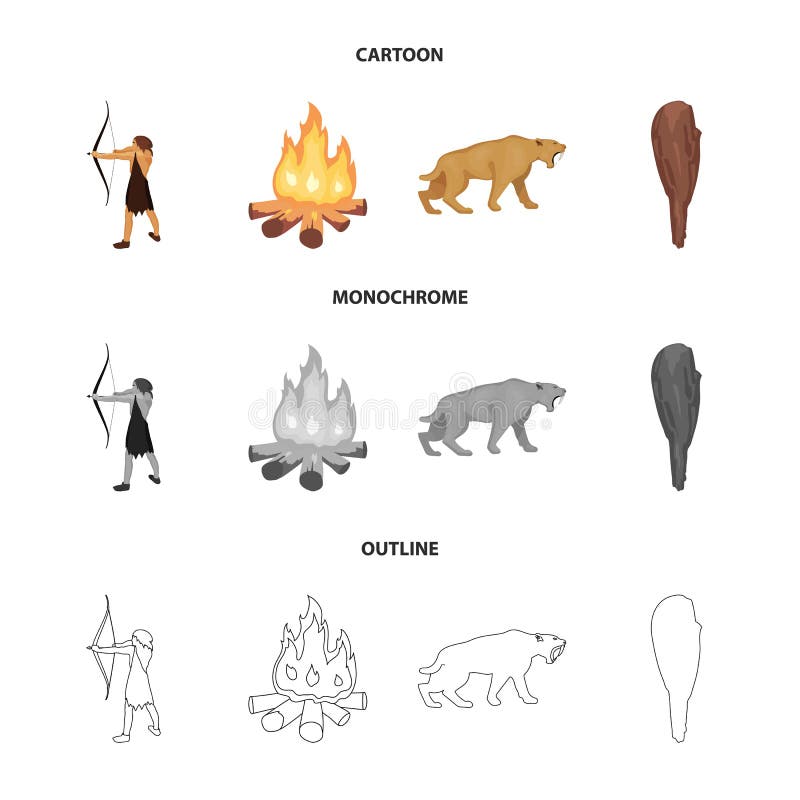 Man jägare, lök, brasa Symboler för samling för uppsättning för stenålder i tecknade filmen, översikt, monokromt materiel för sti vektor illustrationer
