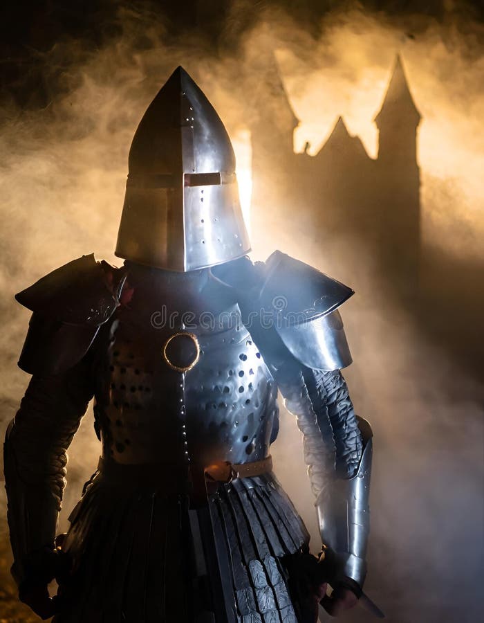 A cool medieval knight in powerful armor standing in a dark castle