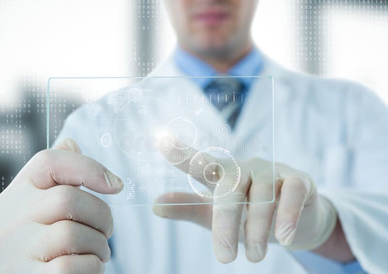 Man in lab coat pointing at white interface and flare on glass device against blurry window royalty free stock photos Man in lab coat pointing at white interface and flare on glass device against blurry window royalty free stock photos