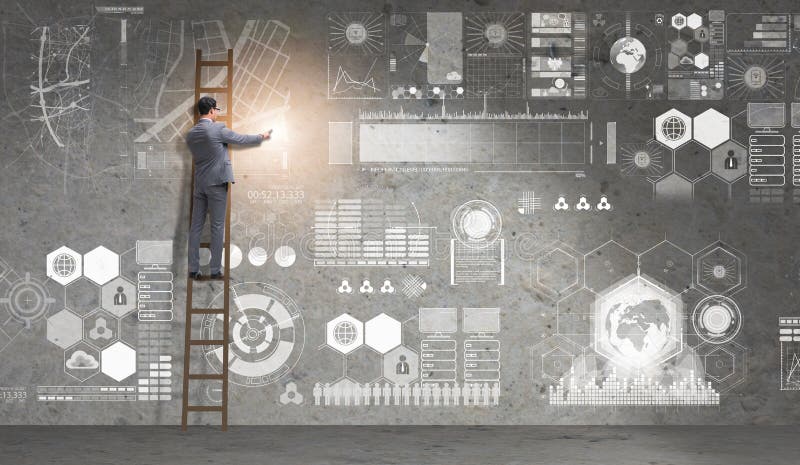 The man on the ladder in data management concept stock photography