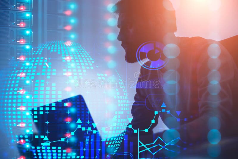 Man with laptop developing digital interface royalty free stock photos
