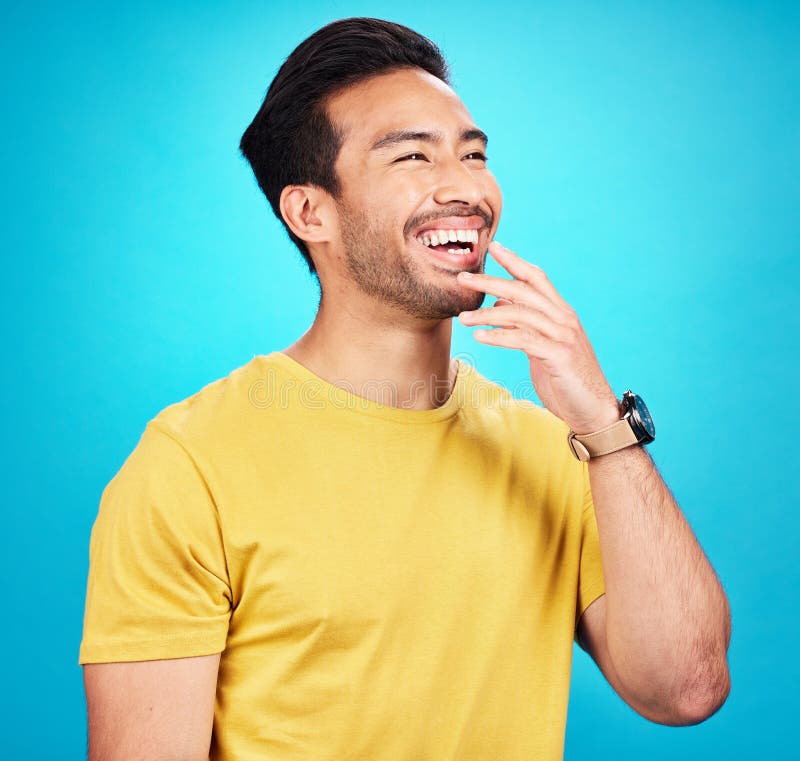 Man, laughing and thinking of funny idea for comedy, joke or humor and happiness as inspiration for meme, comic or royalty free stock images