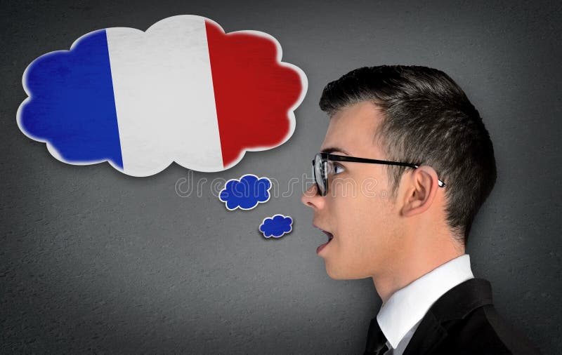 Hombre aprender discurso francés en burbuja.