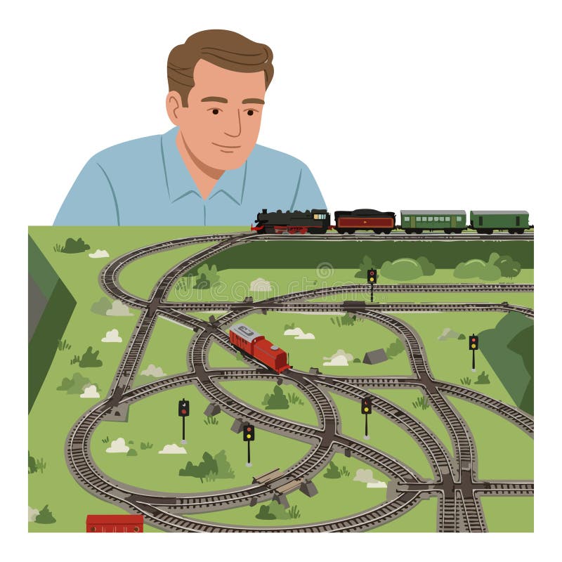 Man leker med detaljerad modelltåg satt på vektorillustration för grön landskapstabell vektor illustrationer