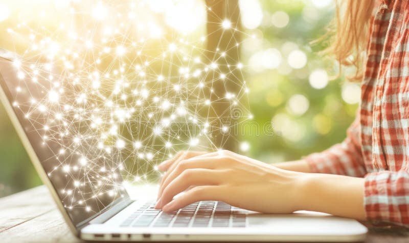 A man leverages AI software on his laptop to create images, highlighting a futuristic user interface. The visual prompt stock photo