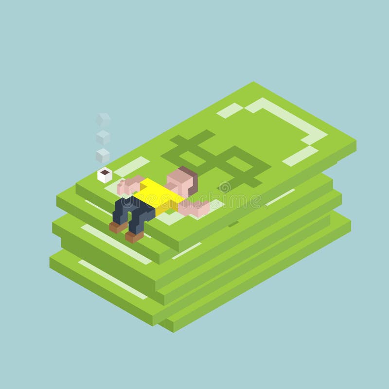 Man lie on giant dollars, isometric cubes composition. Financial success, excellent investment, savings, deposit. vector illustration Man lie on giant dollars, isometric cubes composition. Financial success, excellent investment, savings, deposit. vector illustration