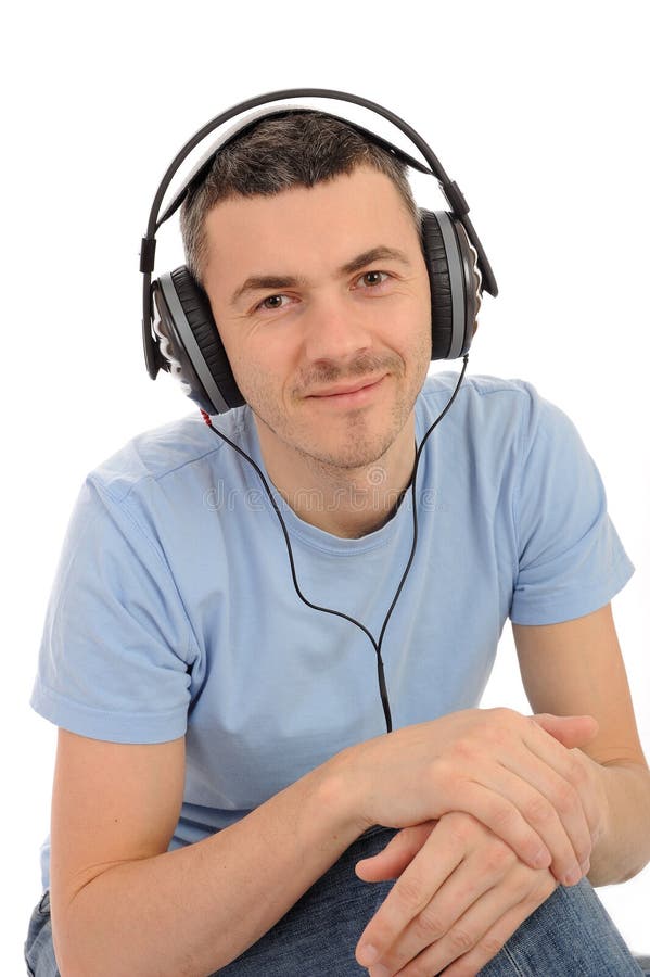 Man Listening To Music in Headphones on Computer Stock Image Image of
