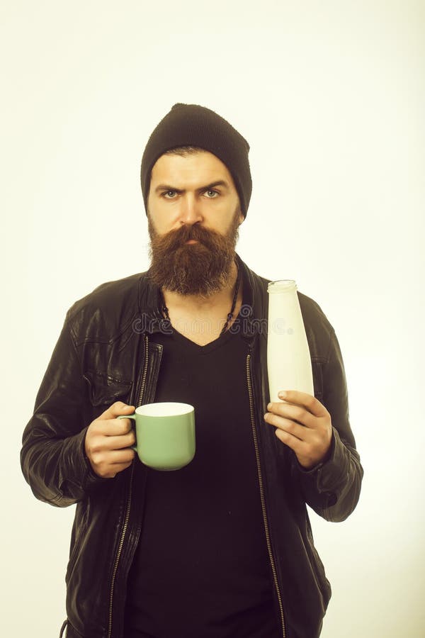 Man with Long Beard Hold Milk Bottle. Stock Photo - Image of beard ...