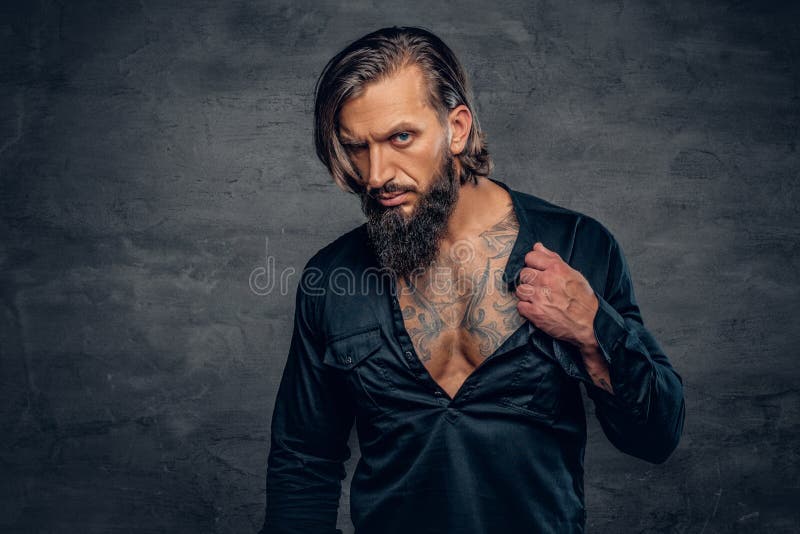 A Man with Long Hair and Tattoos on His Chest and Arms Dressed I Stock  Photo - Image of hair, elegant: 110051636