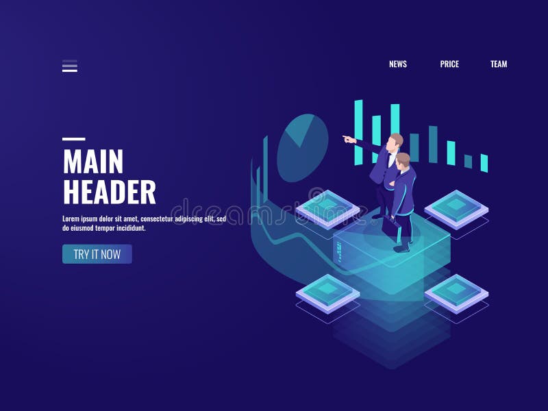 Man look graphic chart, business analytics concept, big data processing icon, virtual reality interface, server room vector illustration