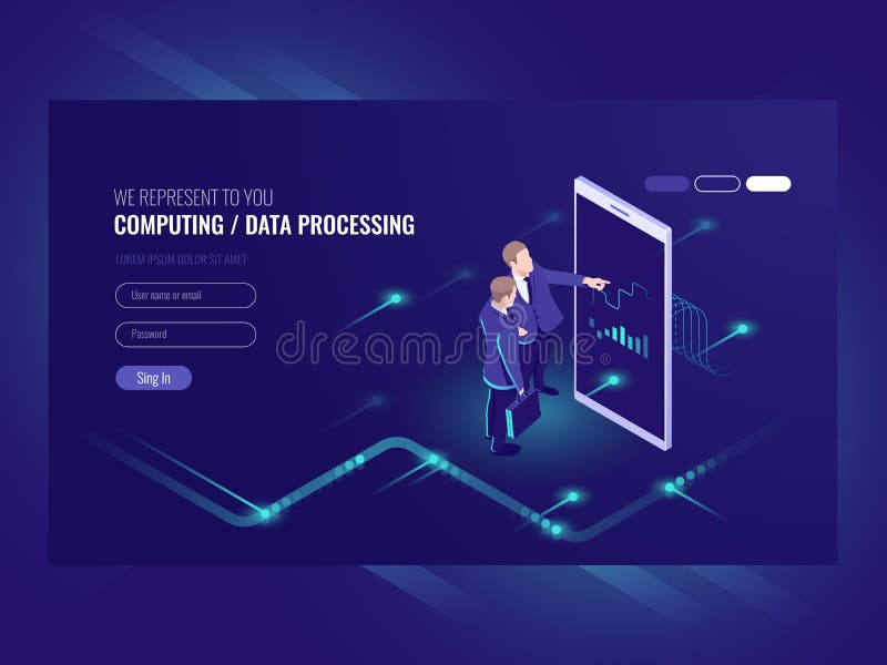 Man look graphic chart, business analytics concept, big data processing icon, virtual reality interface, server room stock illustration